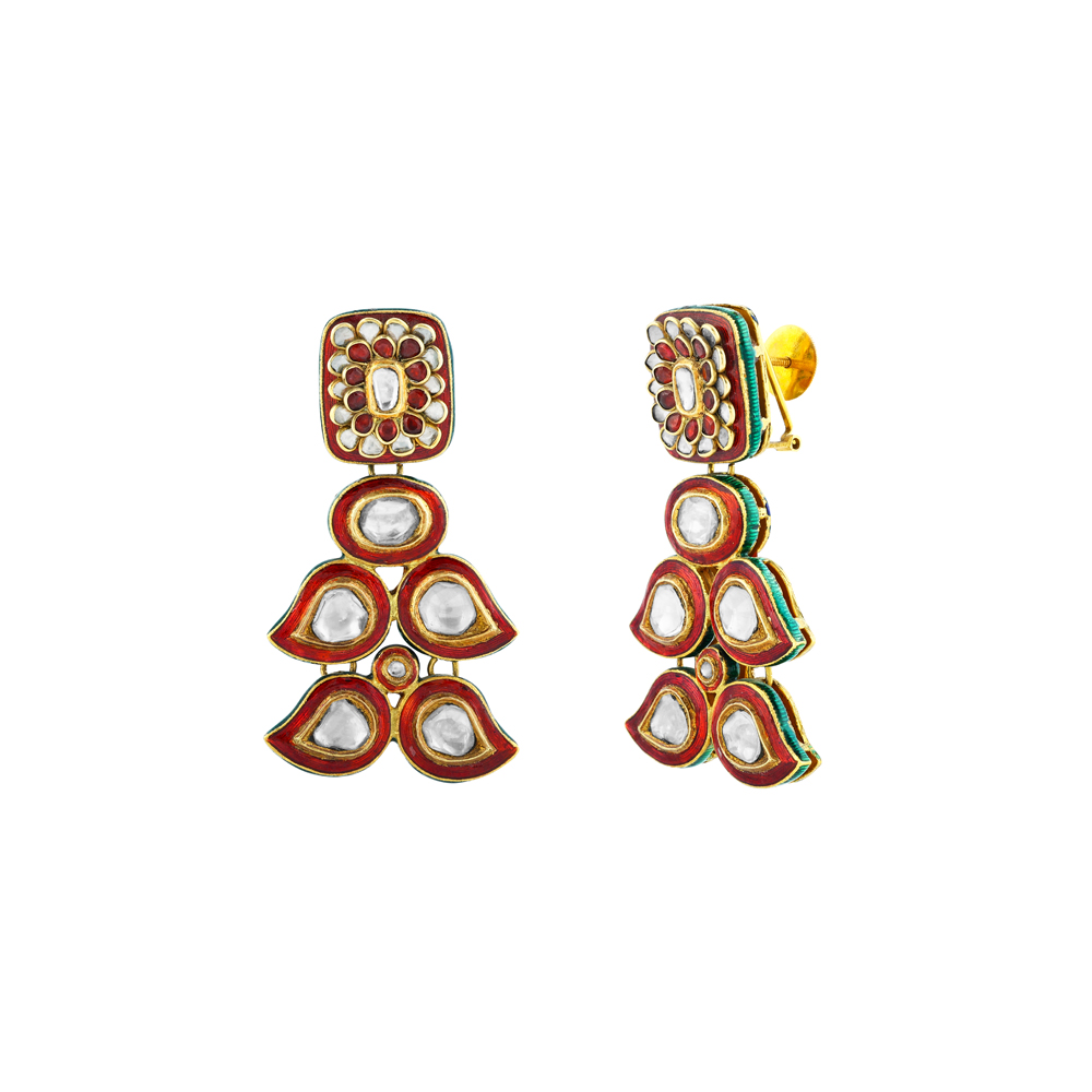 Geometric Polki Earrings with Red Enamel